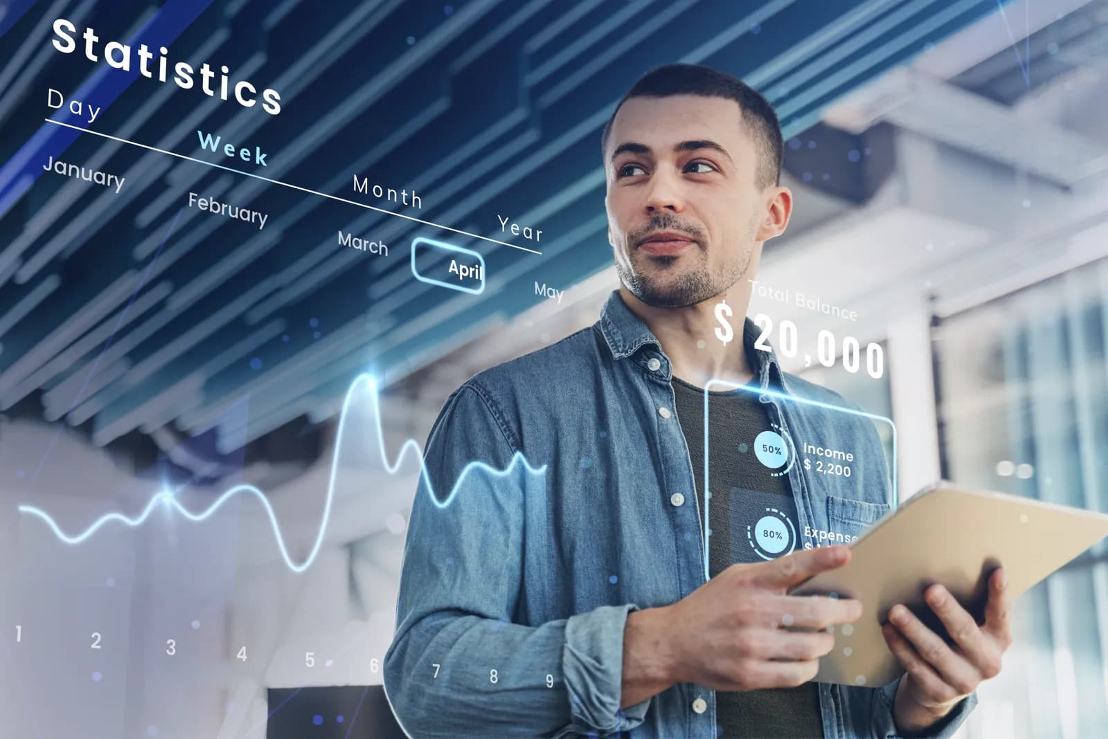 Analítica de marketing con hologramas de estadísticas