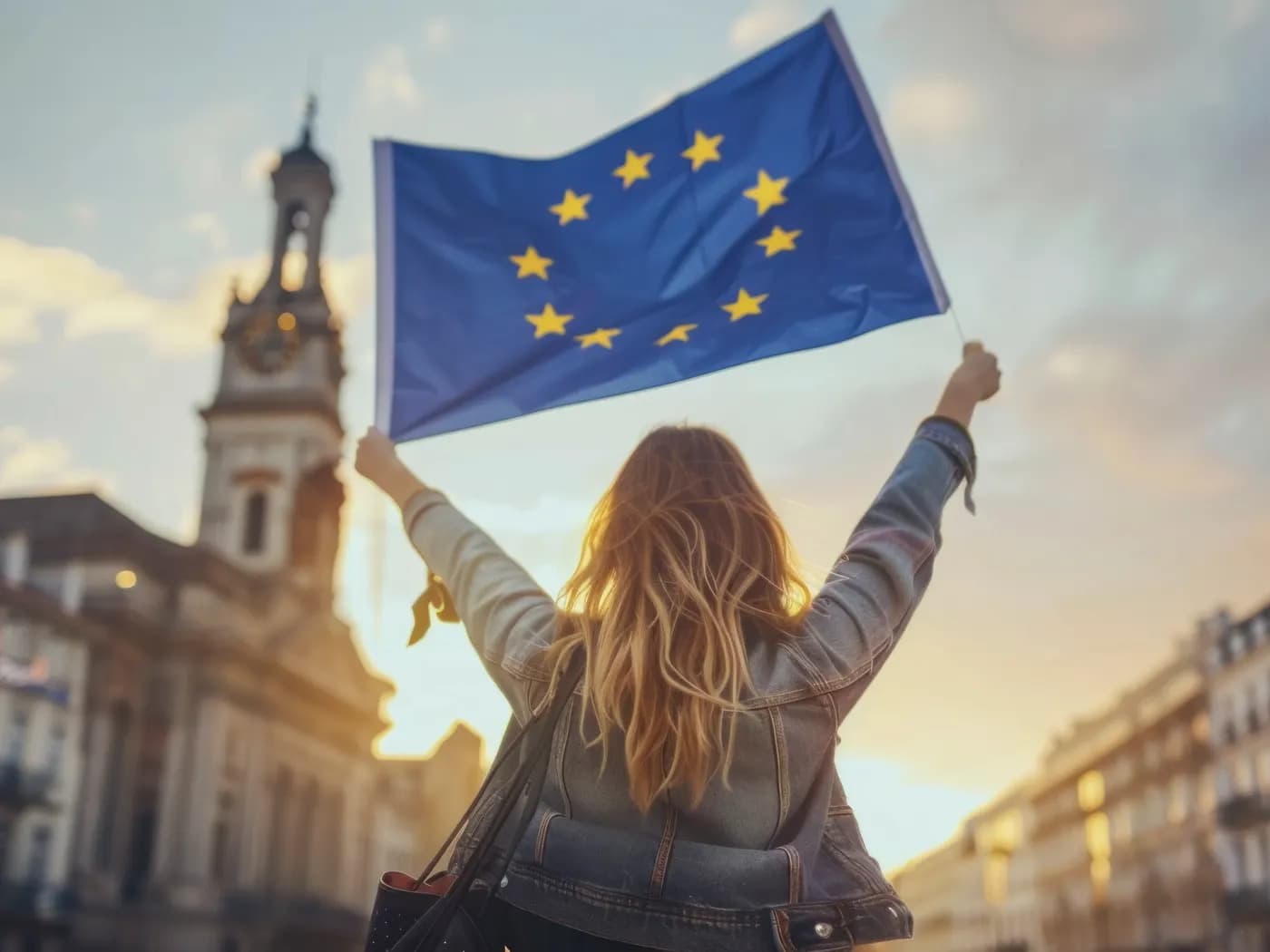 Bandera de la Unión Europea ondeando ante un edificio institucional